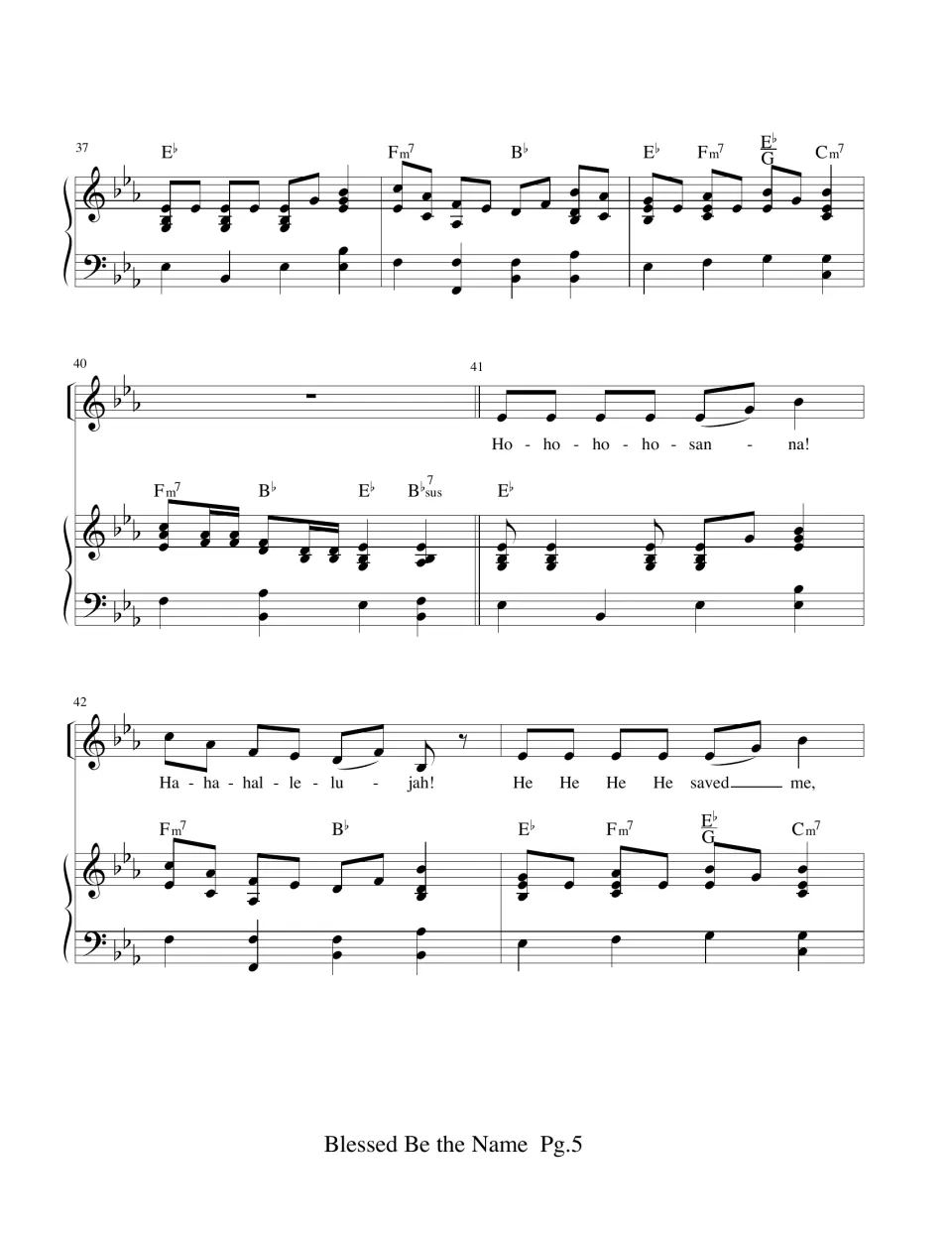 Piano-vocal music bars 37-43: piano interlude with Fm7 and Bb chords, then the hosanna and hallelujah chorus returns