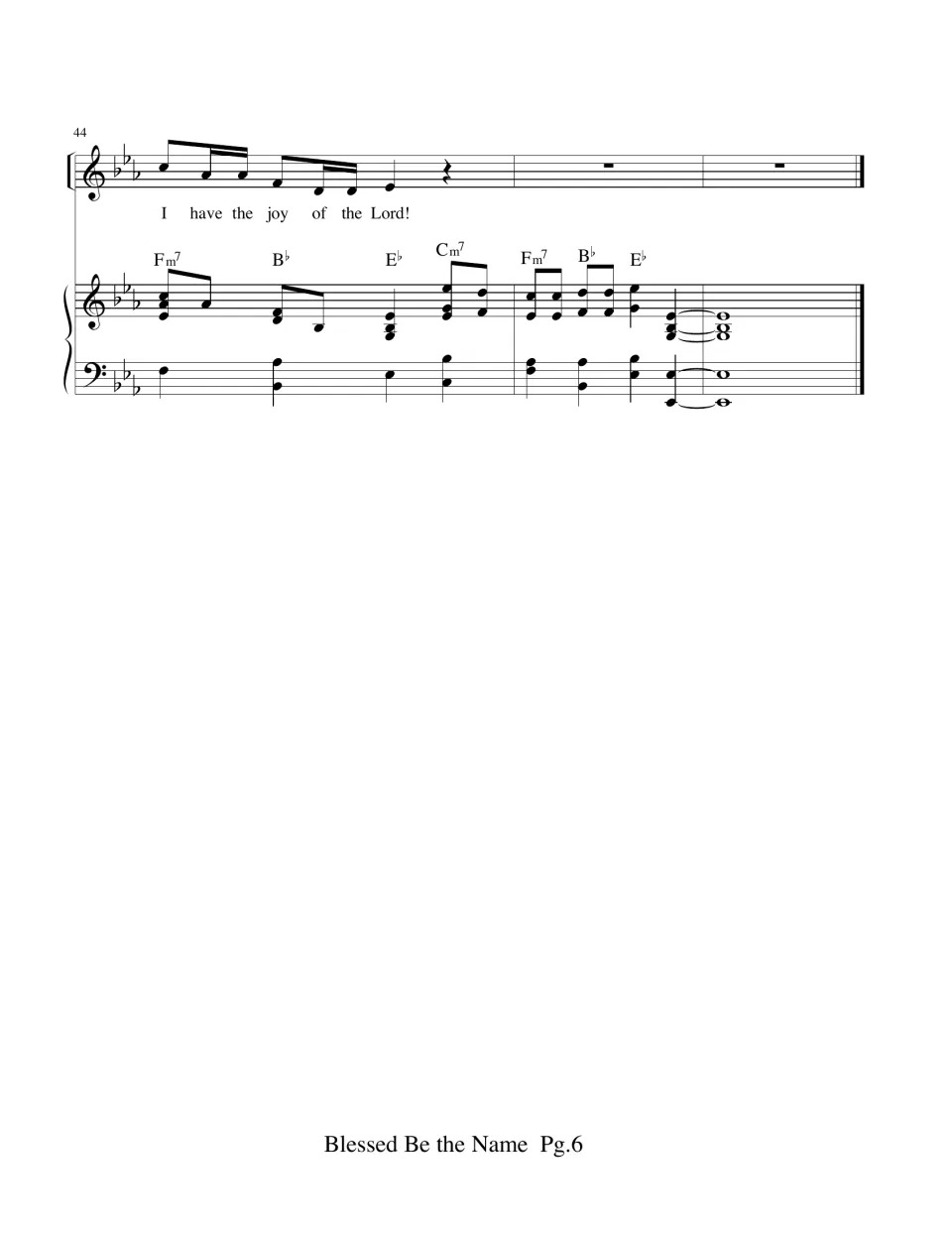 Final bars 44-46 of the song: singers end on I have the joy of the Lord while piano closes on a held E-flat chord