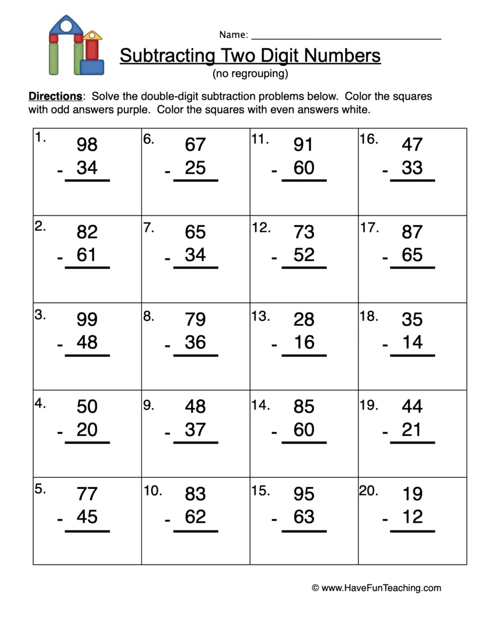 Subtracting two-digit numbers, no regrouping: students solve 20 problems, then color odd answers purple, even white