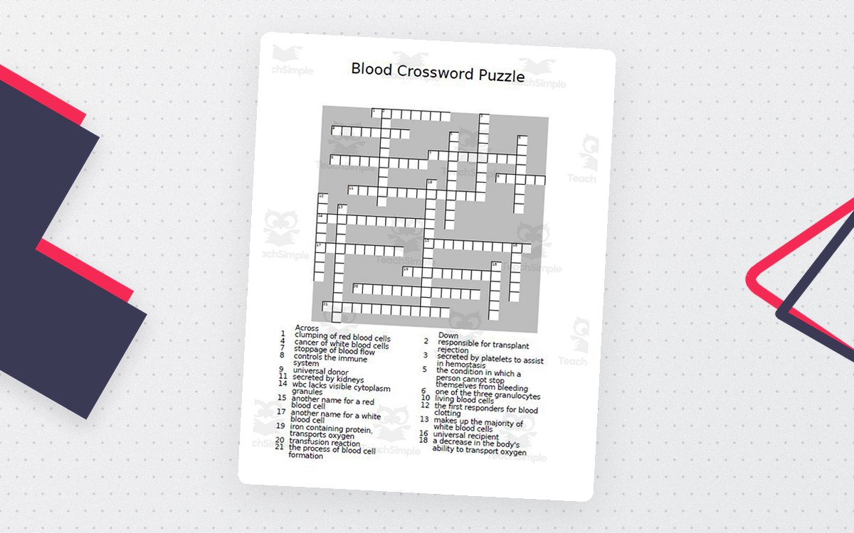 Blood Crossword Puzzle preview: One 20-clue blood/circulatory-system crossword puzzle grid