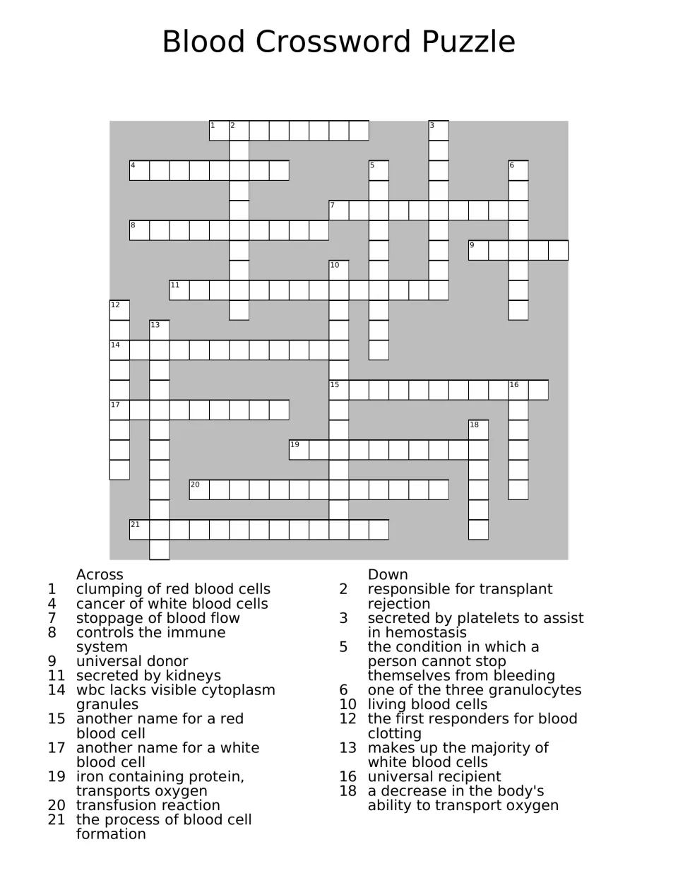 Blood vocabulary review: students solve 21 across and down clues on clotting, white cell types, hemoglobin and anemia