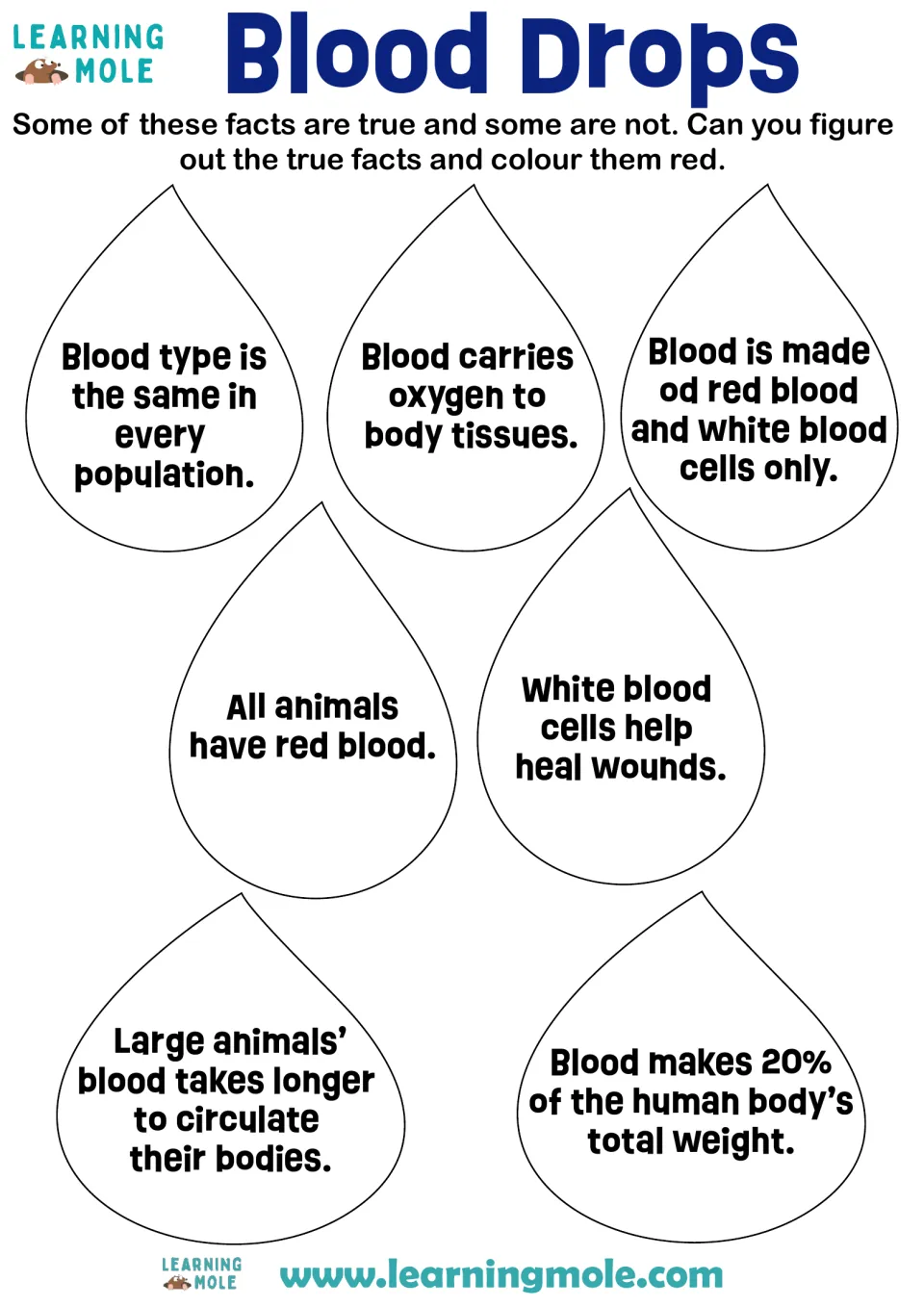 Blood facts true or false: students read 7 statements on blood drops and colour the true ones red