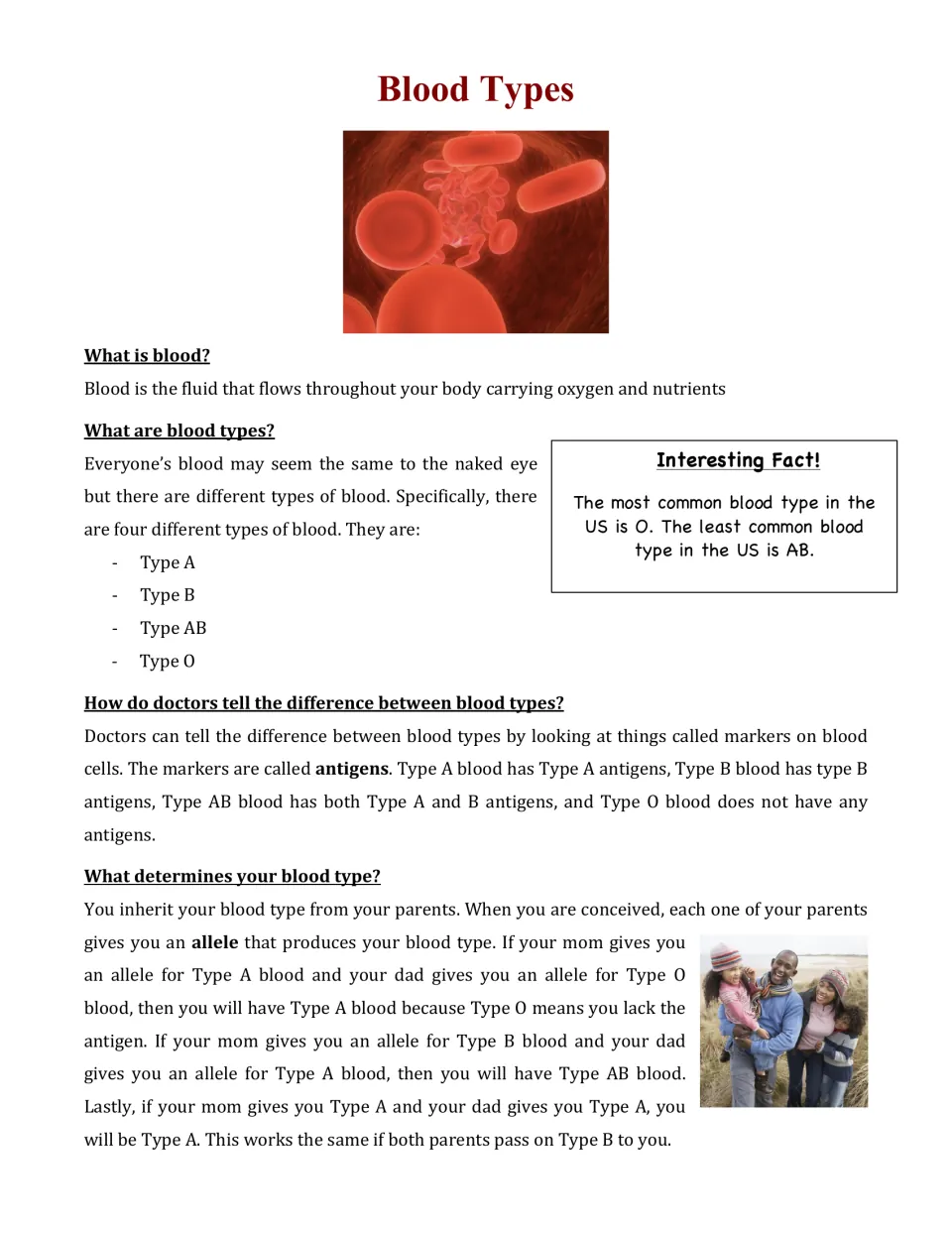 Blood types article: students read what blood is, the four types A, B, AB and O, antigens and how parents pass on alleles