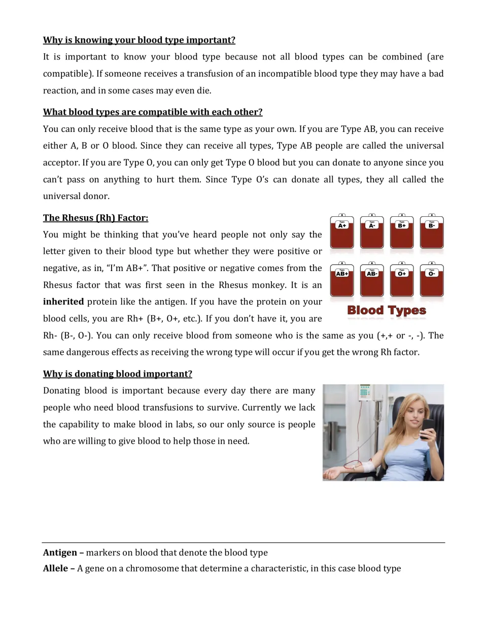 Blood compatibility: students read about universal donors and acceptors, the Rhesus (Rh) factor and why donating matters
