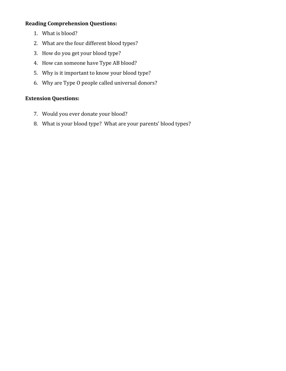 Reading comprehension: students answer 6 questions on blood types and inheritance, plus 2 personal extension questions