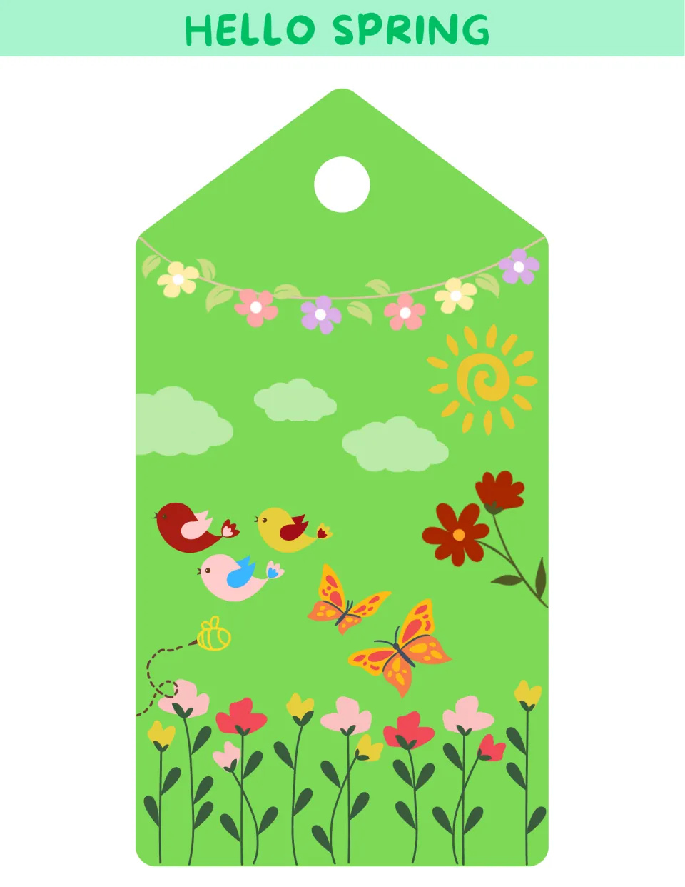 Spring bulletin board decorative tag featuring birds, butterflies, flowers, and a sun beneath 'HELLO SPRING'