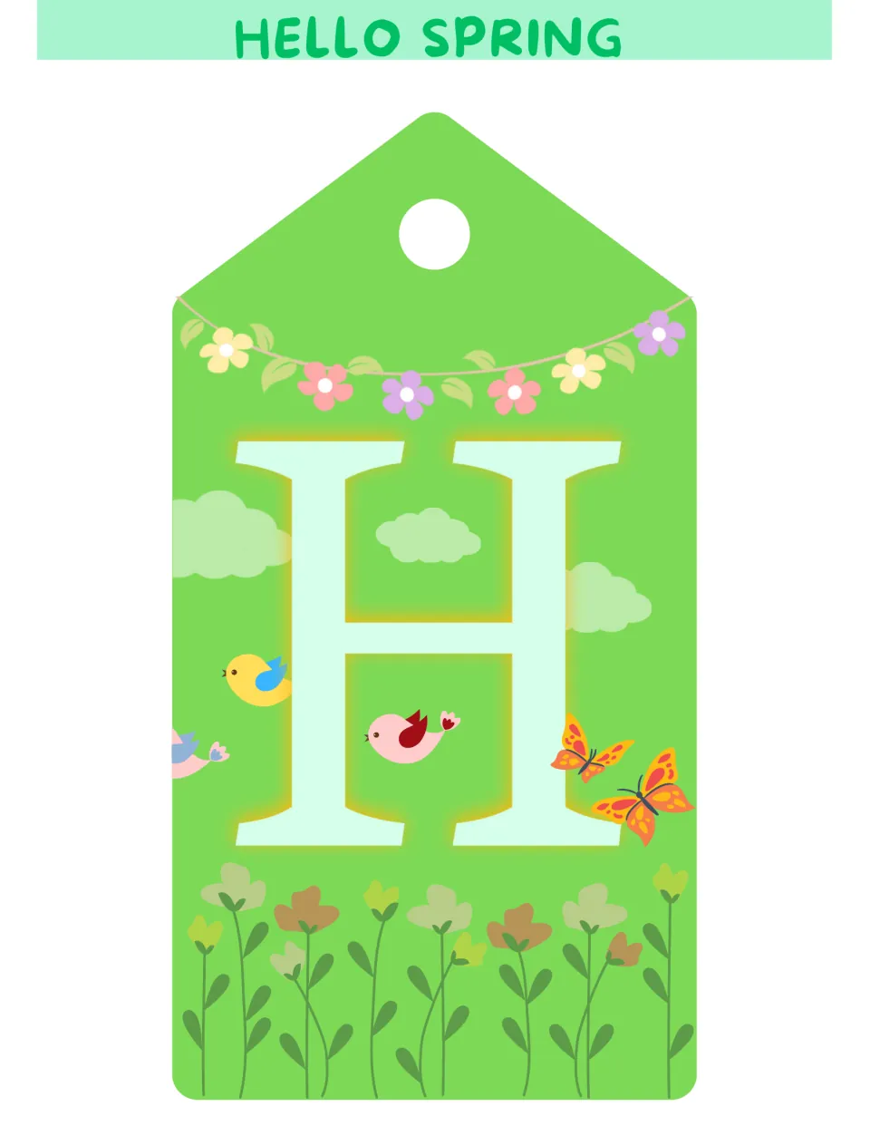Spring bulletin board letter H on a tag-shaped display piece, beginning the 'HELLO' portion of the greeting