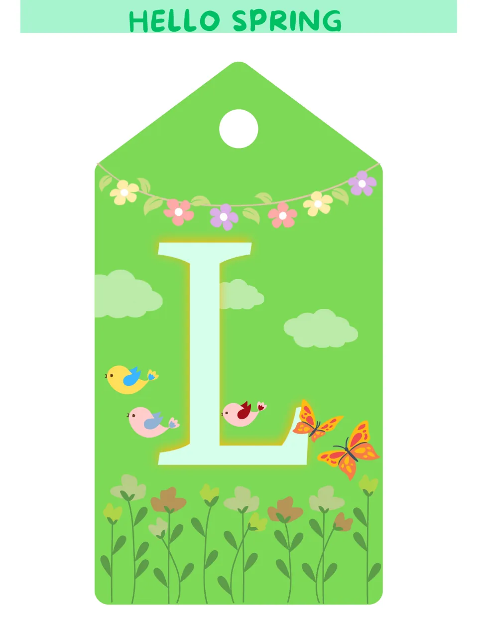 Spring bulletin board letter L on a tag-shaped display piece, the first of two L letters spelling 'HELLO'