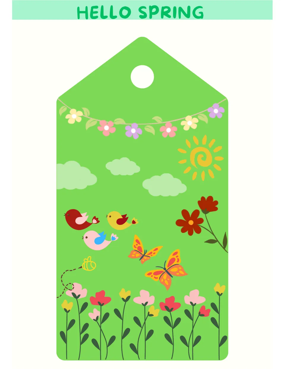 Spring bulletin board decorative tag after 'HELLO', featuring flowers, birds, butterflies, a bee, and a sun