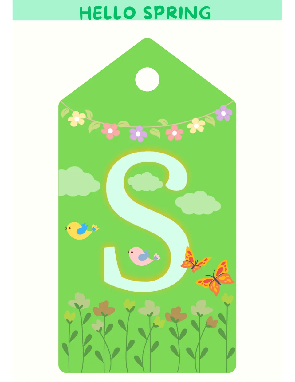 Spring bulletin board letter S on a tag-shaped display piece, beginning the word 'SPRING' in the greeting
