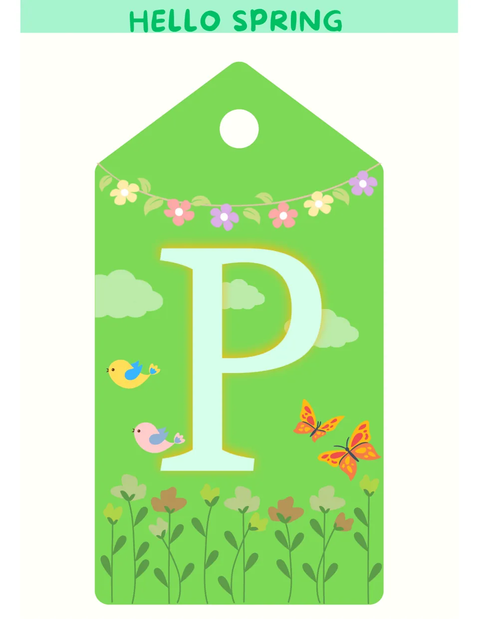 Spring bulletin board letter P on a tag-shaped display piece, the second letter of 'SPRING' in the greeting