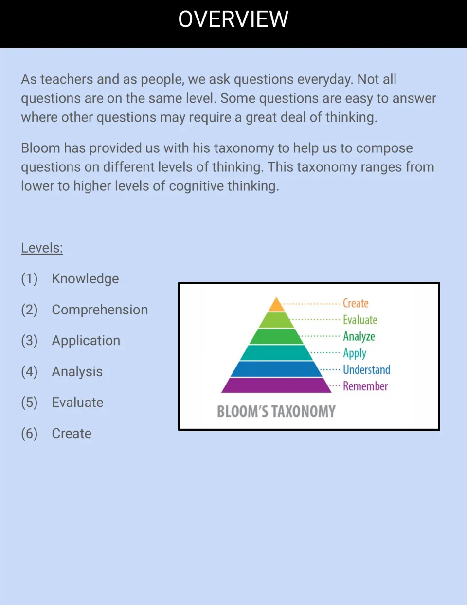 Overview explaining questions at different thinking levels, with six levels listed and a labeled pyramid