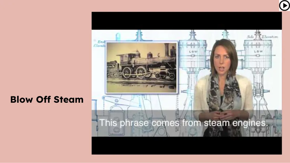 Video lesson slide introduces the idiom's origin with a steam engine and the subtitle about steam engines