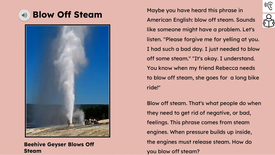 Reading passage with audio explains releasing bad feelings, Rebecca's bike ride, and steam engine pressure