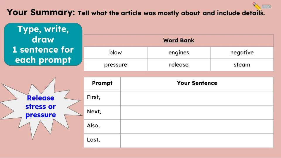 Summary activity asks for one sentence each using First, Next, Also, and Last, supported by a six-word bank