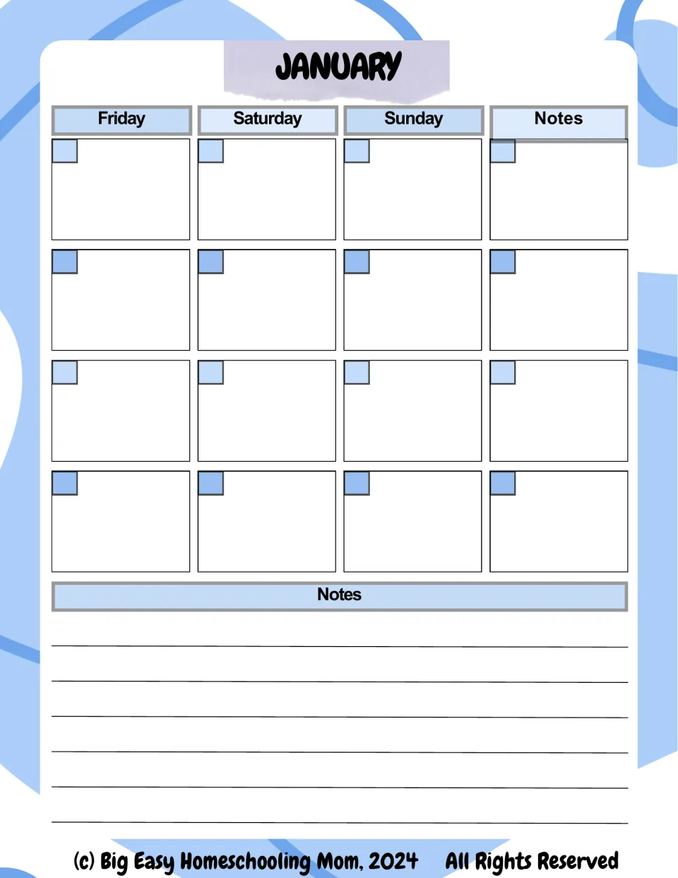 January calendar, second half: Friday, Saturday and Sunday for four weeks plus a weekly notes slot and a notes area below