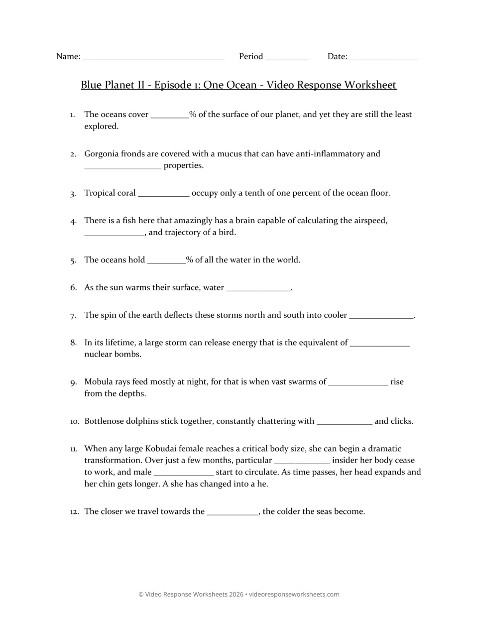 One Ocean video response worksheet, questions 1–12 on ocean coverage, marine animals, storms, and cold seas