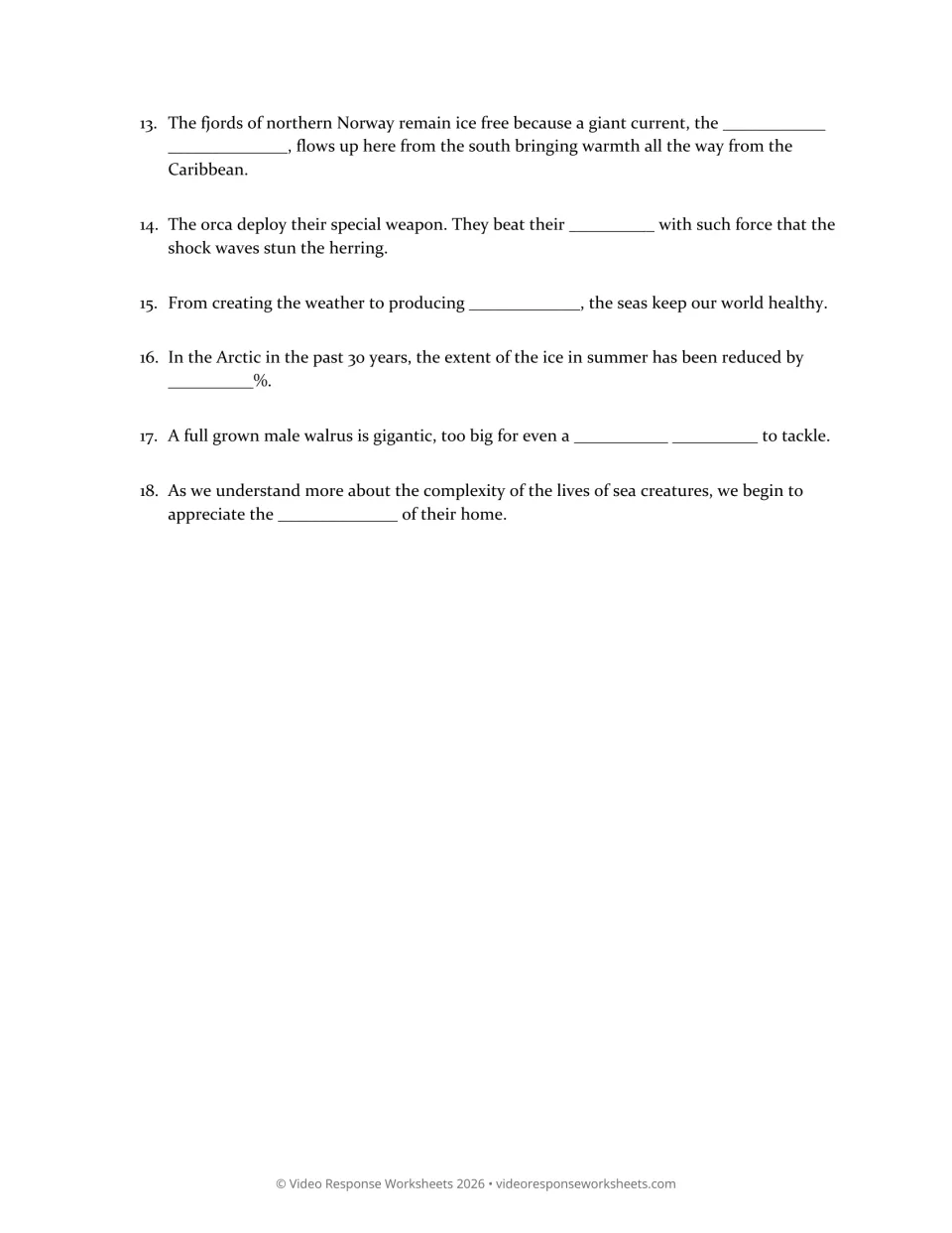 One Ocean worksheet continuation, questions 13–18 on currents, orcas, Arctic ice, walruses, and ocean health