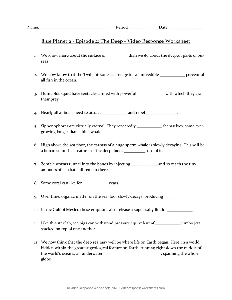 The Deep video response worksheet, questions 1–12 on squid, siphonophores, whale remains, and deep-sea life