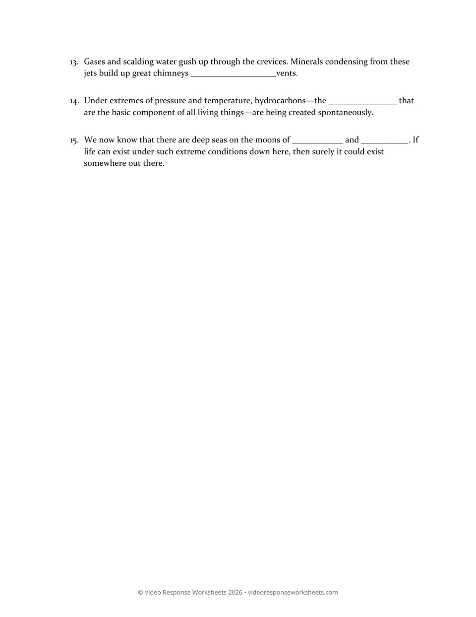 The Deep worksheet continuation, questions 13–15 on mineral vents, hydrocarbons, and seas on distant moons