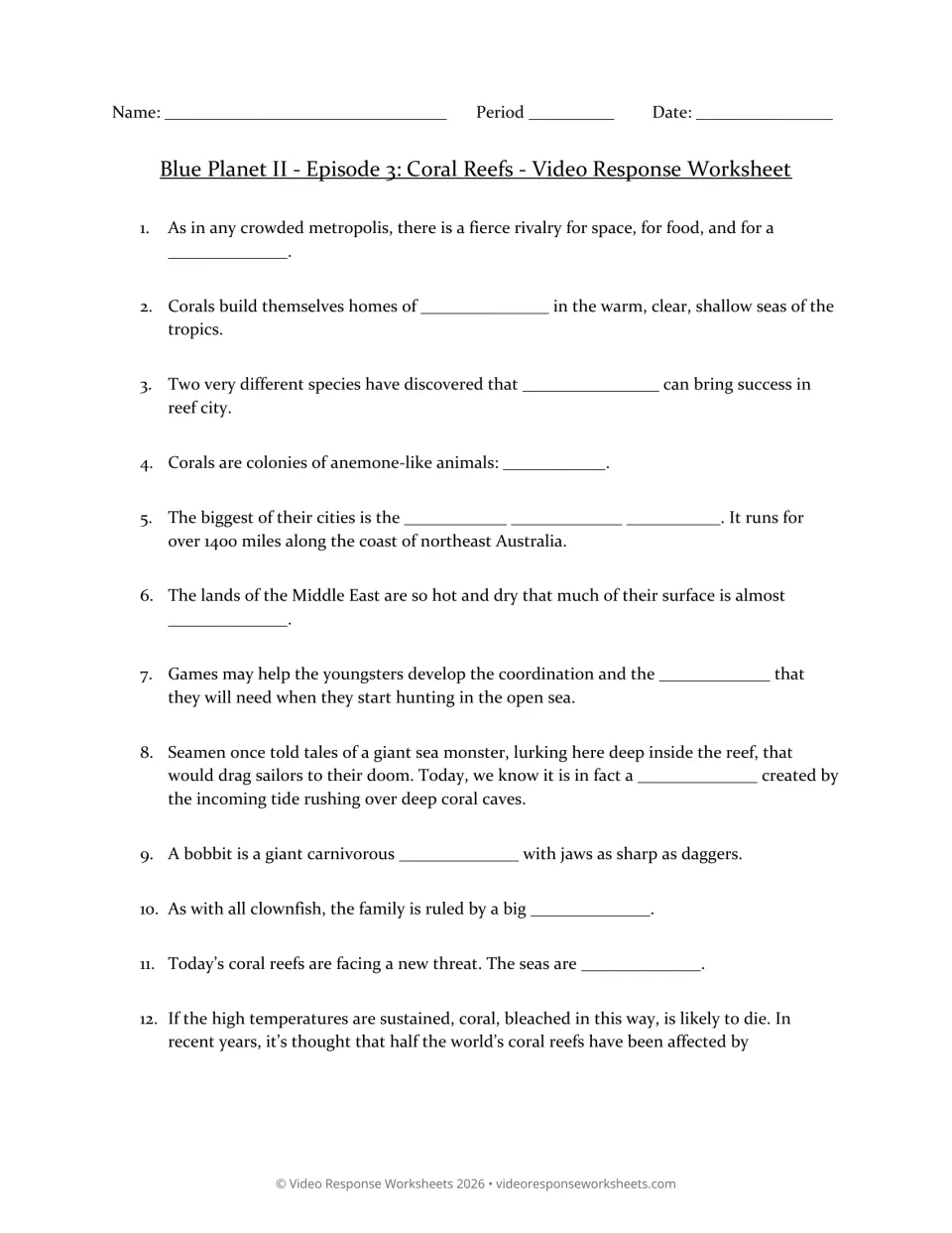 Coral Reefs video response worksheet, questions 1–12 on coral homes, reef animals, competition, and warming