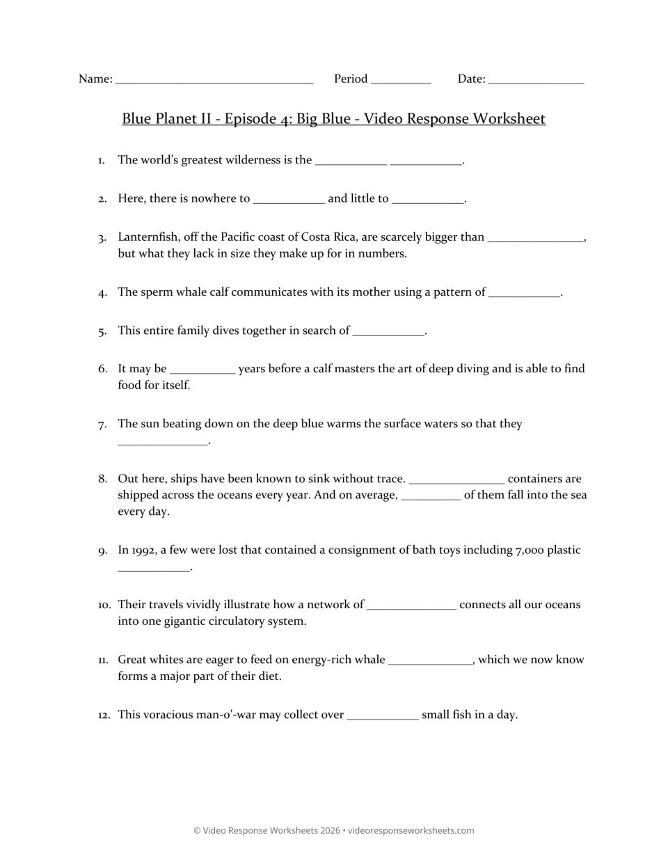Big Blue video response worksheet, questions 1–12 on sperm whales, ocean currents, lost cargo, and feeding
