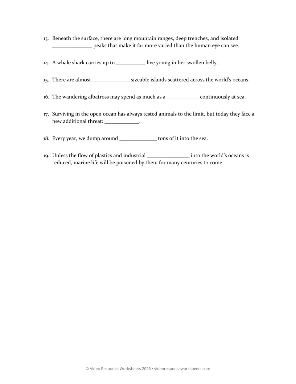 Big Blue worksheet continuation, questions 13–19 on ocean terrain, whale sharks, albatrosses, and pollution