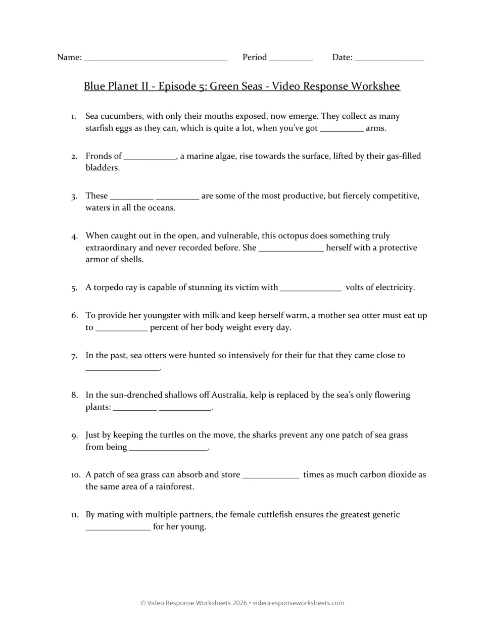 Green Seas video response worksheet, questions 1–11 on kelp, octopus armor, sea otters, and sea grass