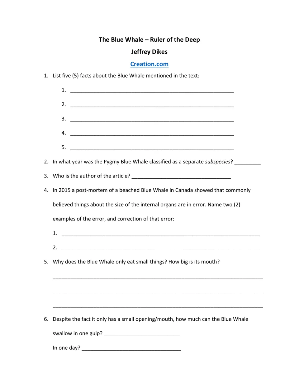 Questions 1–6 ask for blue whale facts, subspecies classification, article author, organ sizes, and feeding