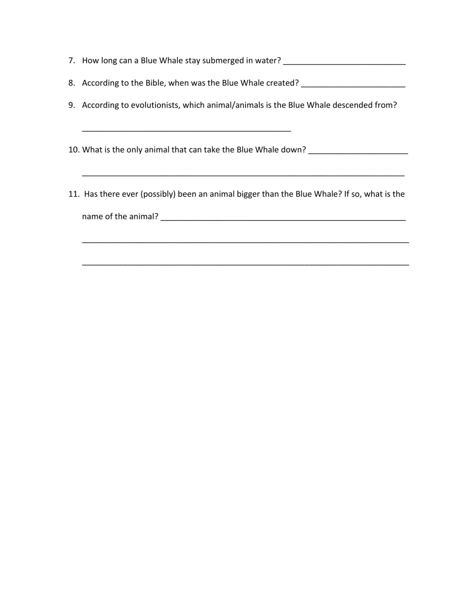 Questions 7–11 address blue whale dive time, biblical creation, evolutionary ancestry, predators, and size