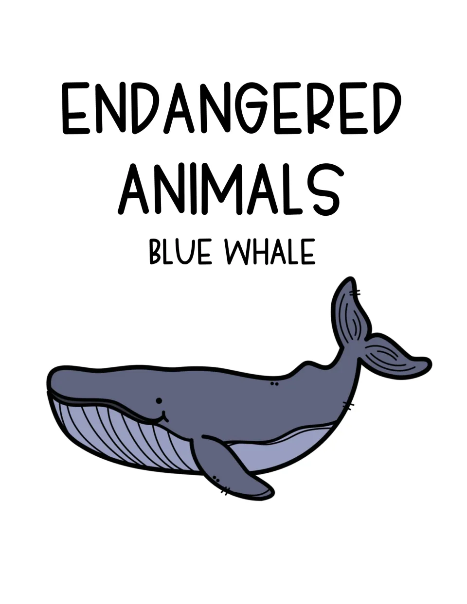 Cover of the blue whale unit study featuring the subject headings “Endangered Animals” and “Blue Whale.”