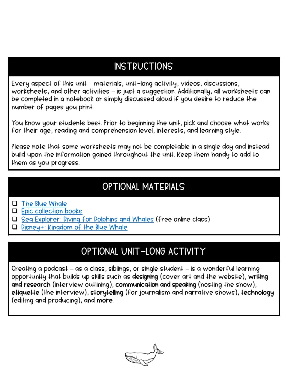 Unit instructions explain flexible worksheet use, list optional materials, and suggest creating a podcast.