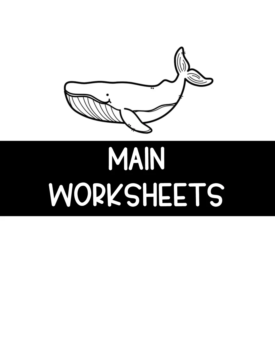 Main Worksheets section divider introduces the blue whale unit’s student pages, starting with KWL and video notes.