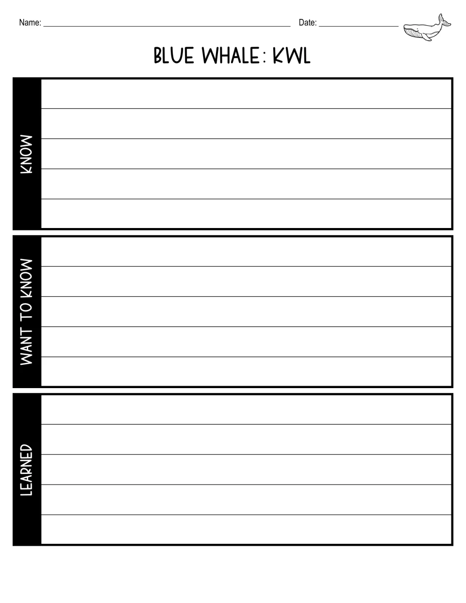 Blue whale KWL worksheet asks students to record what they know, what they want to know, and what they learned.