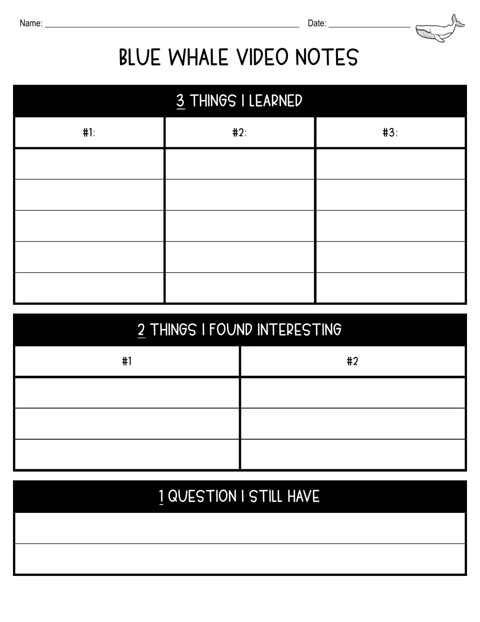 Blue whale video notes worksheet prompts three things learned, two interesting things, and one remaining question.