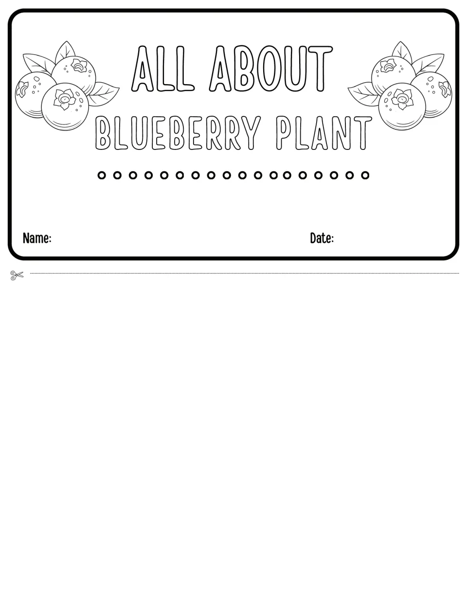 All About Blueberry Plant flipbook cover piece to cut out, with blueberry drawings and Name and Date lines