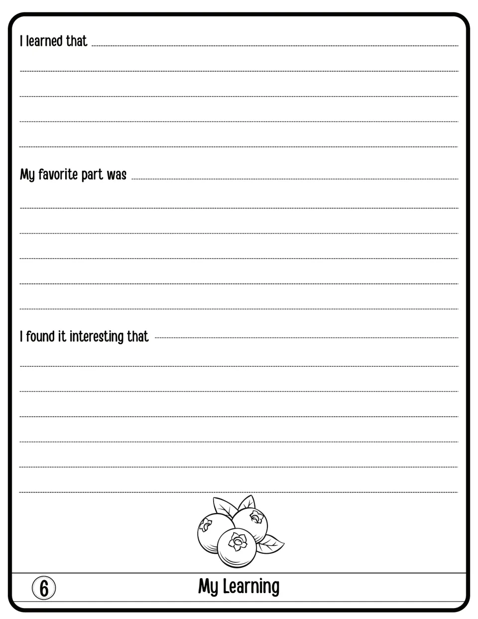 My Learning flap 6: students reflect with I learned that, My favorite part was and I found it interesting that prompts
