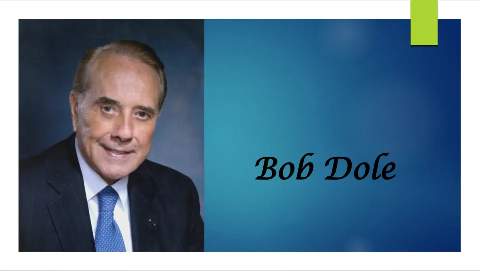 Title slide of a Bob Dole biography slideshow: his name beside a portrait of him as an older man in a suit and blue tie