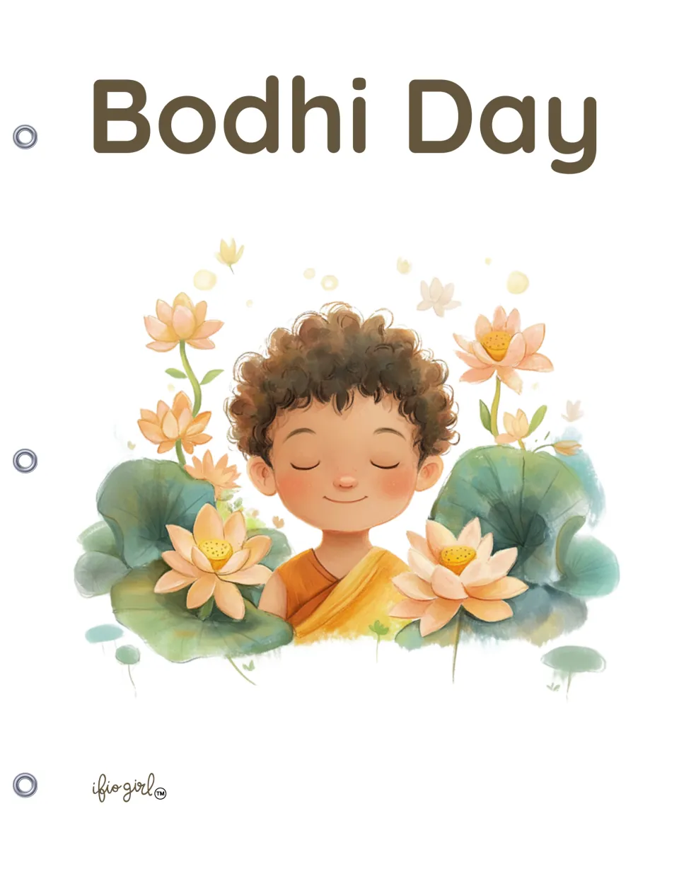 Bodhi Day picture book cover: a smiling child in an orange robe meditates with eyes closed among pink lotus flowers