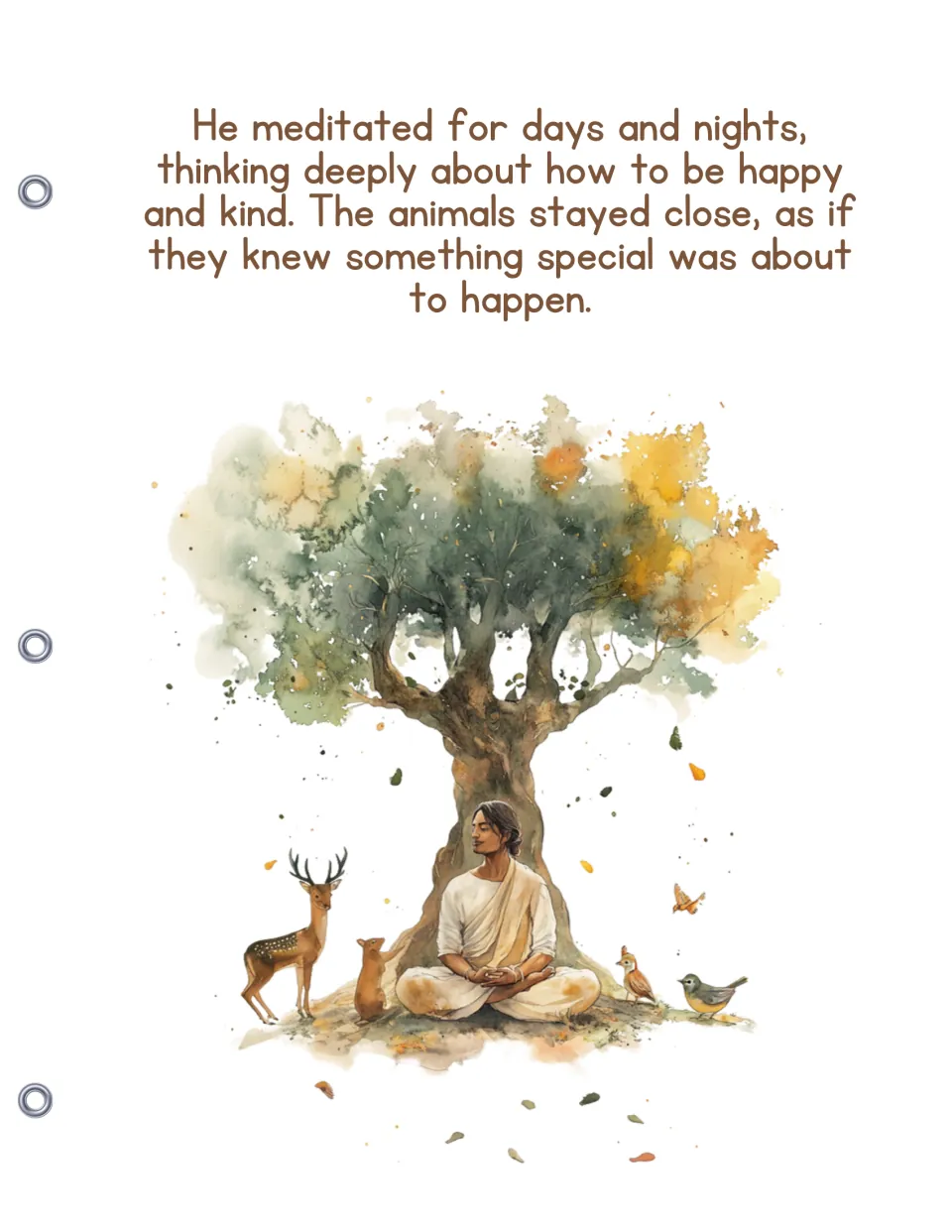 Siddhartha meditates for days and nights under the tree, thinking how to be happy and kind, as a deer and birds stay close