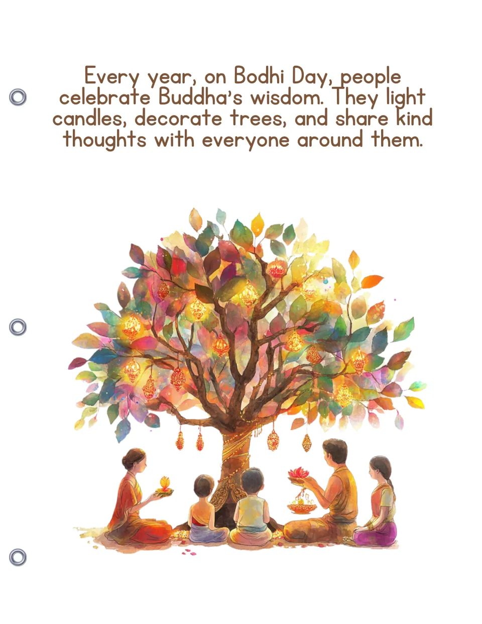 How people celebrate Bodhi Day: a family sits under a tree hung with lanterns, lighting candles and sharing kind thoughts