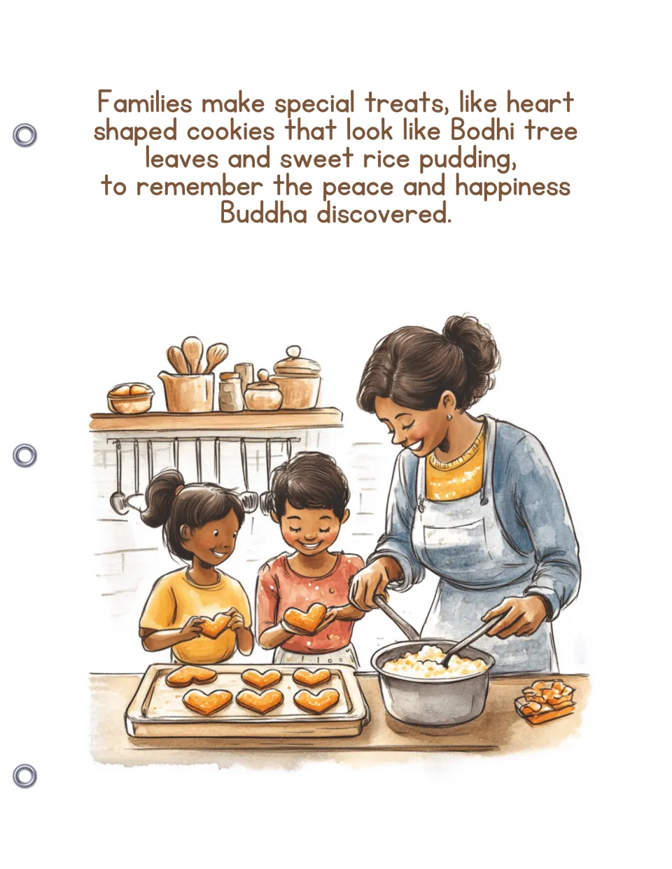 Holiday foods: a mother and two children make heart-shaped cookies like Bodhi tree leaves and a pot of sweet rice pudding