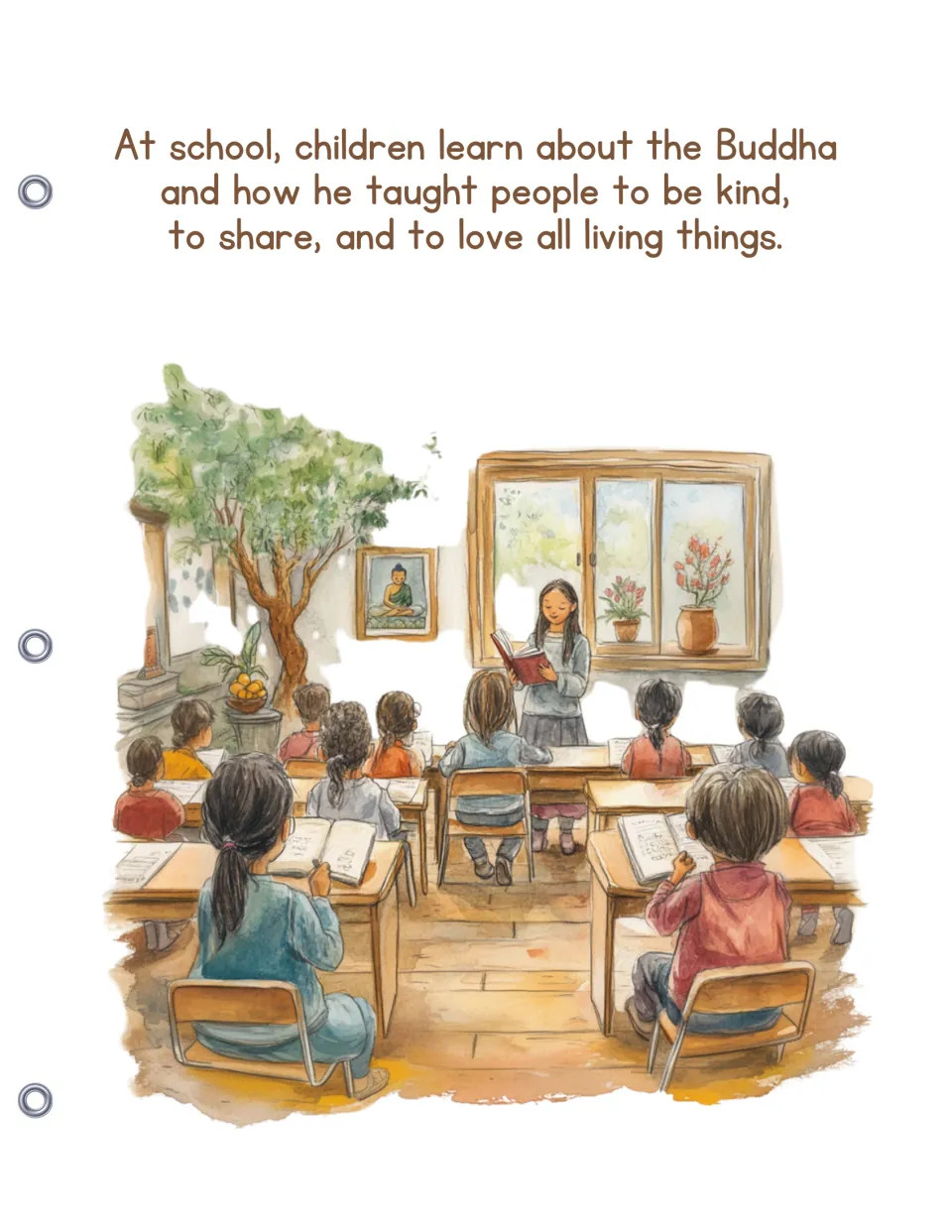 At school, children at desks listen as a teacher reads about the Buddha teaching people to be kind, share and love all life