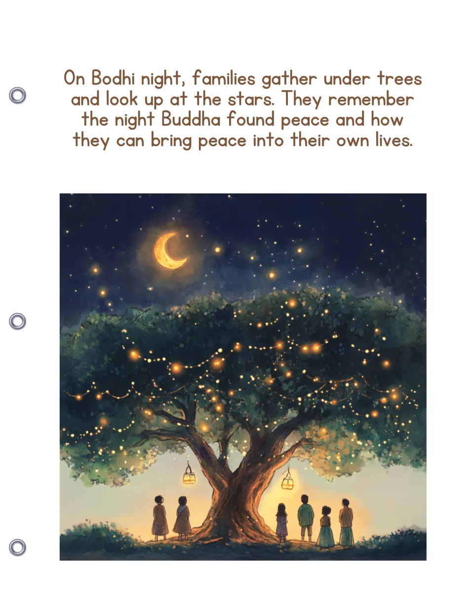 On Bodhi night, families gather under a light-strung tree by moonlight to remember the night Buddha found peace