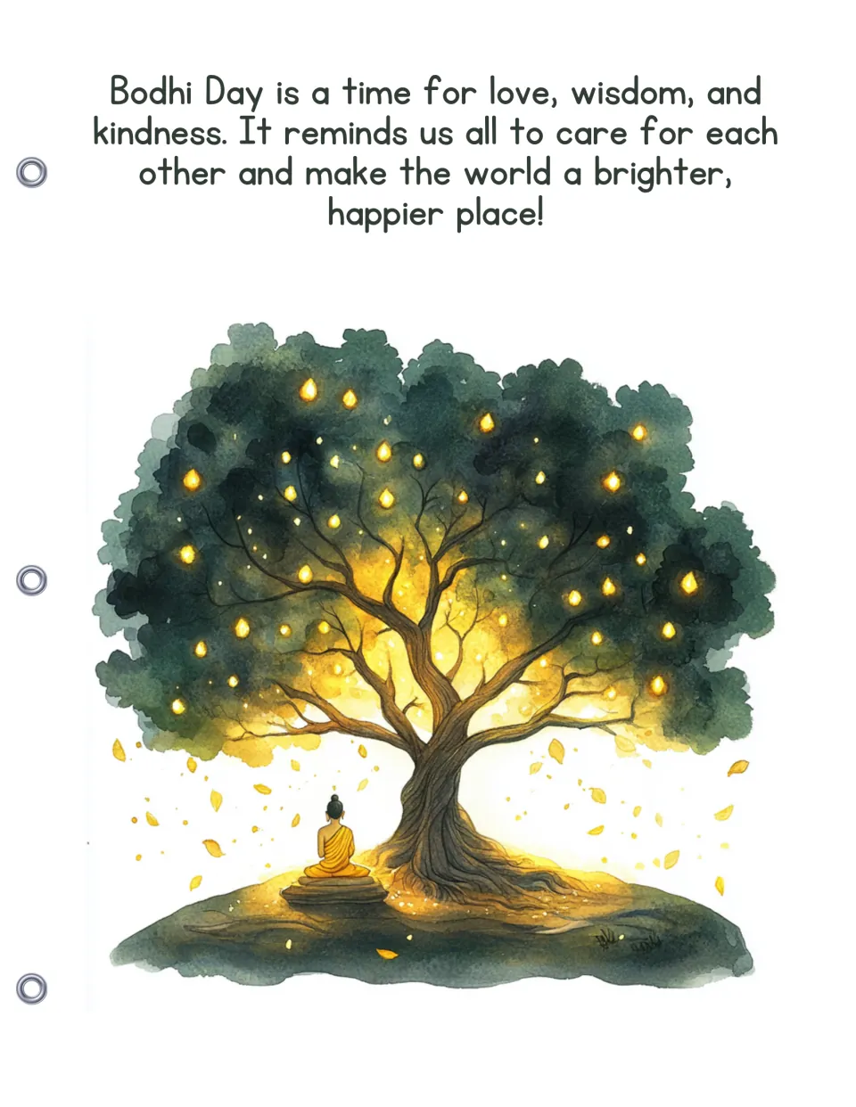 Closing page: the holiday as a time for love, wisdom and kindness, shown by a figure meditating under a glowing tree