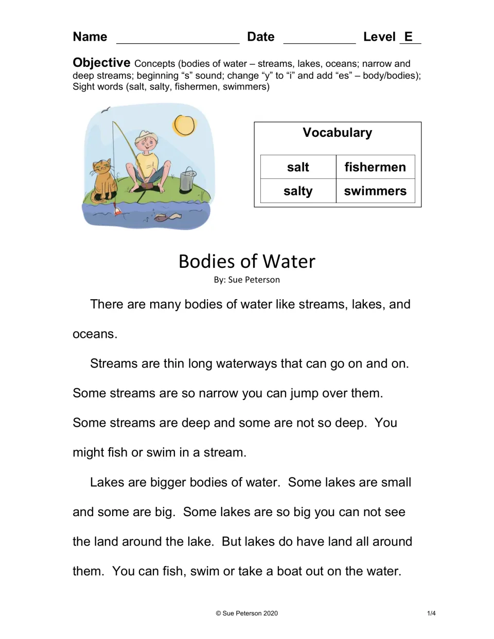 Reading passage on streams and lakes, with an objective note and vocabulary words salt, salty, fishermen and swimmers