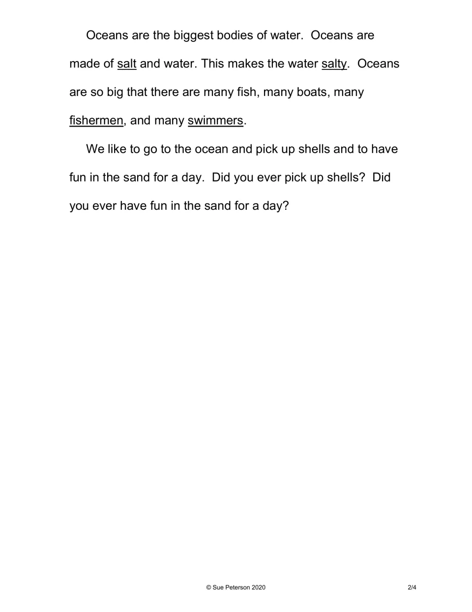 Passage ending about salty oceans, with vocabulary words underlined, and questions about picking up shells in the sand
