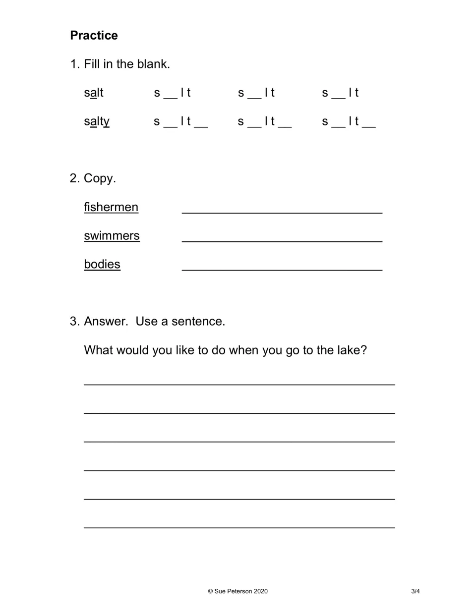 Word practice: students fill in missing letters in salt and salty, copy three words, and write sentences about the lake