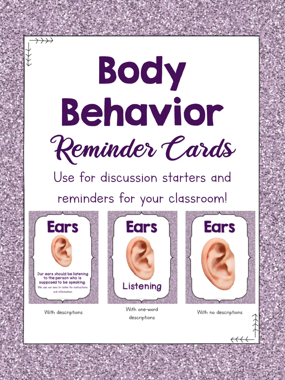 Body Behavior Reminder Cards cover: ear cards in three versions, with descriptions, one-word labels or no descriptions