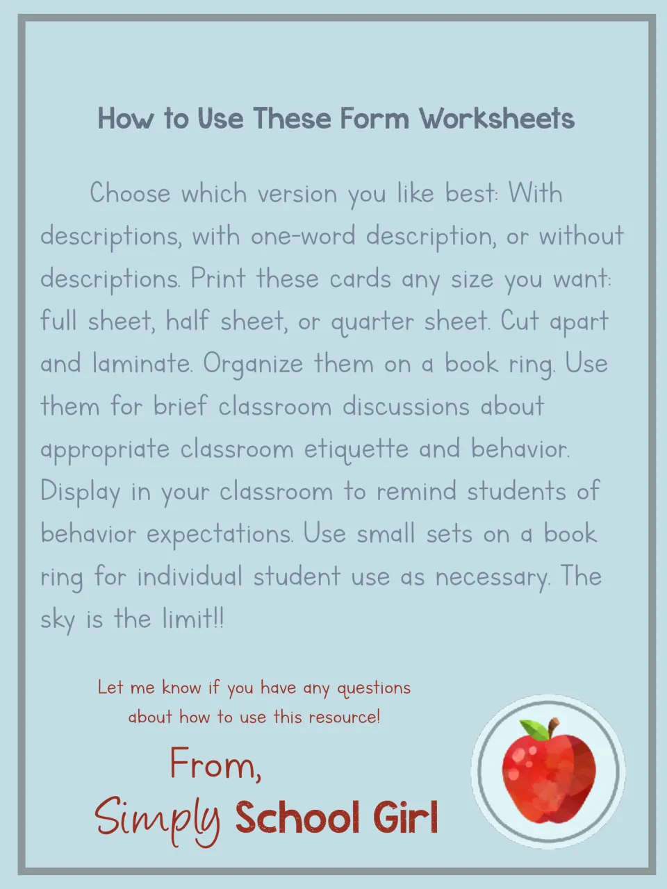 How-to-use notes: print cards full, half or quarter sheet, cut, laminate, put on a book ring and use for etiquette talks